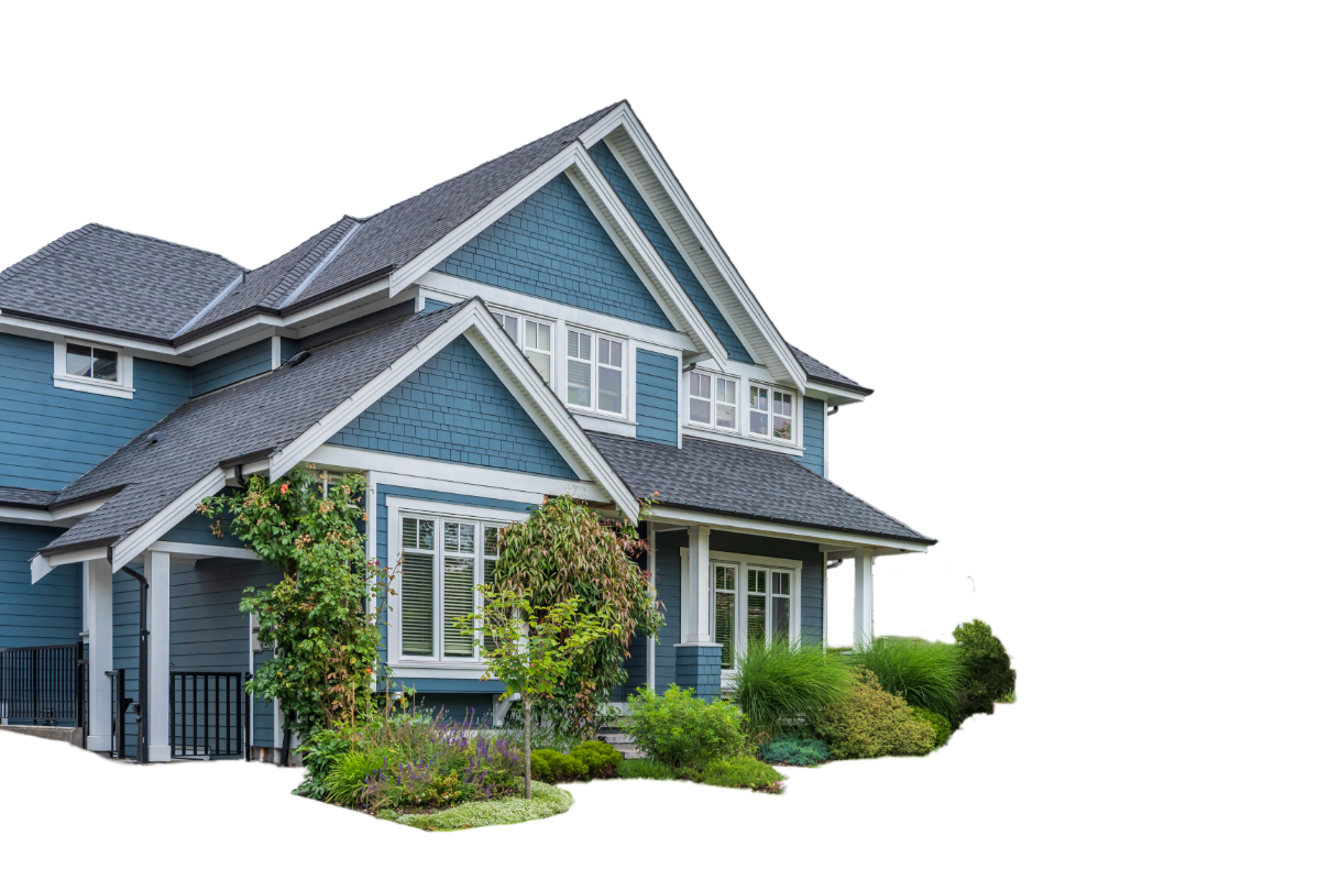 An isolated image of a two-story house with a complex, multi-pitched roof featuring asphalt shingles.